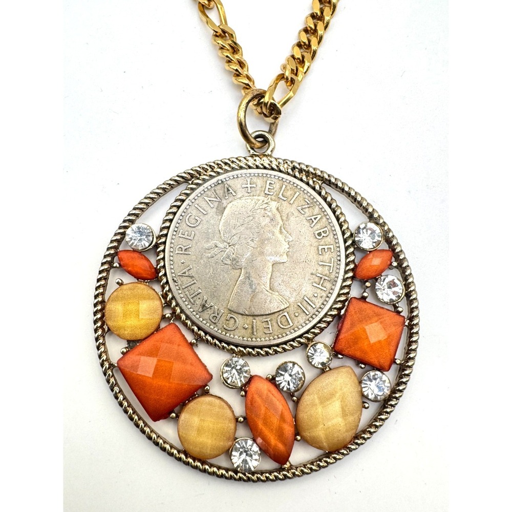 Vintage Monet Necklace Gold Tone Queen Elizabeth II Coin Pendant Boho